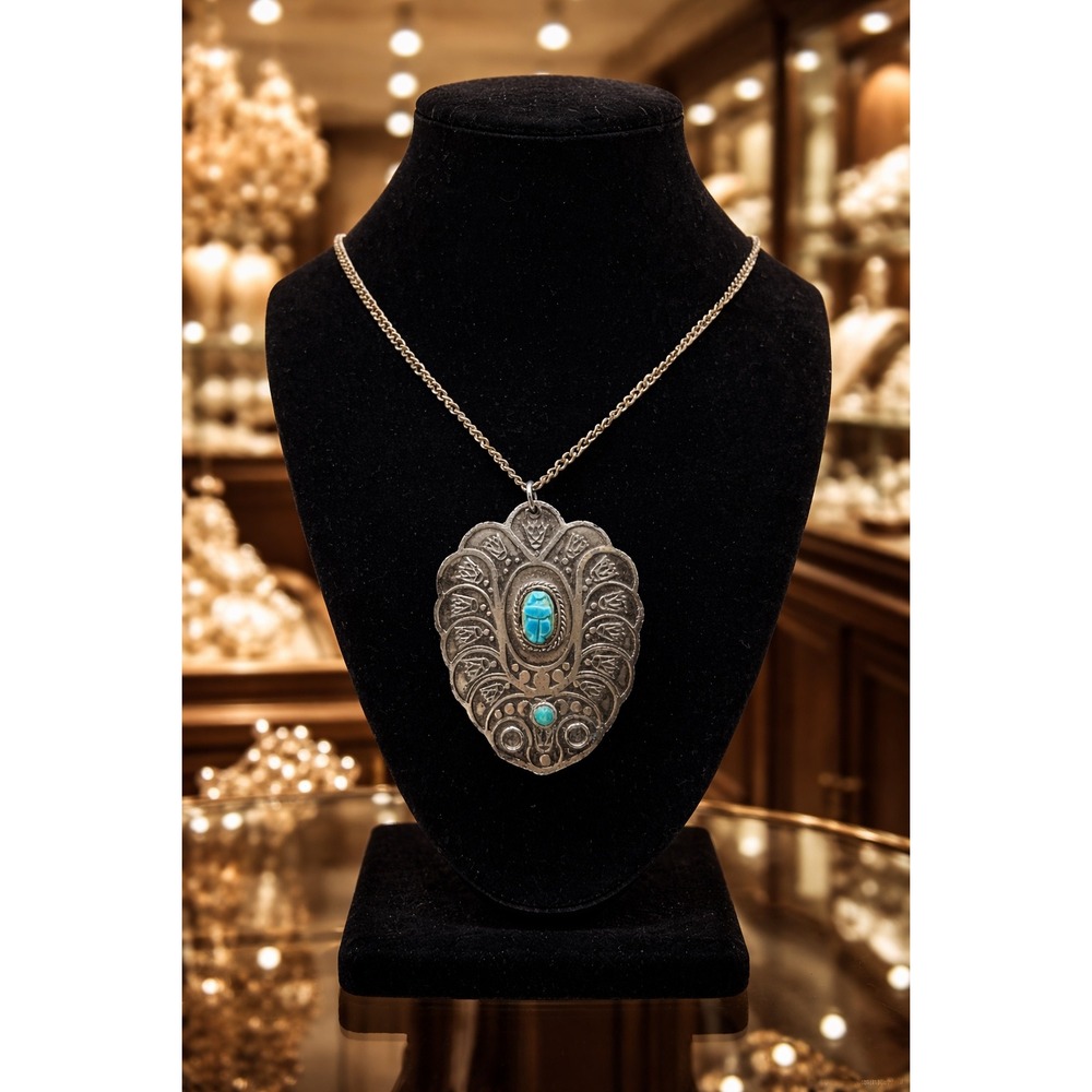Turquoise Scarab Pendant Necklace Silver Tone Boho Statement Vintage Style